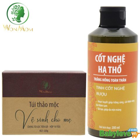 Bộ Chăm Sóc Love Mom, Khử Mùi Vùng Kín Và Dưỡng Trắng Da Body Wonmom (1 Hộp Thảo Mộc Xông Vùng Kín + 1 Cốt Nghệ Hạ Thổ)