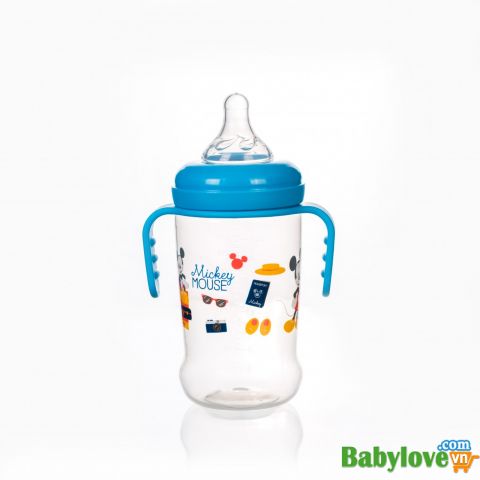 (Made in Thailand) Bình Sữa Cổ Rộng Có Tay Cầm 250ml Disney Baby- DN80132 (Xanh)