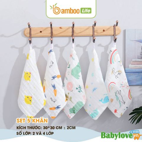 Set 5 khăn sữa 2 lớp cho bé Bamboo Life chính hãng chất liệu sợi tre 30x30 cm mềm mịn thấm hút kháng khuẩn an toàn cho bé