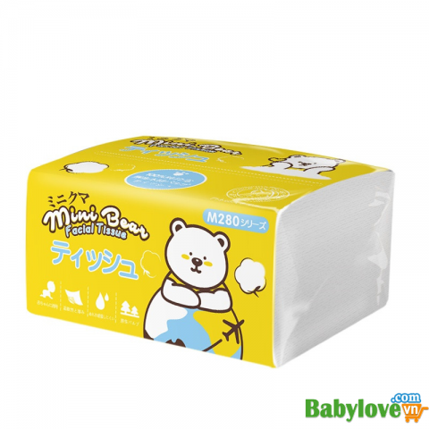 Khăn giấy khô rút Mini Bear Nhật, lau mặt, vệ sinh màu vàng 210 tờ 4 lớp  chuyên dùng cho mẹ và bé Minibear