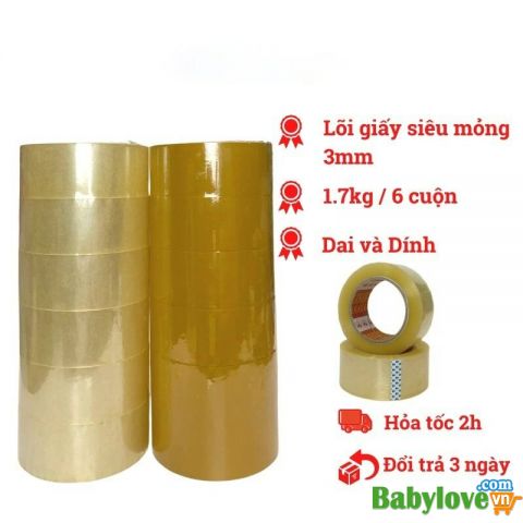 Băng dính trong đục 1.7kg/ cây (6 cuộn) lõi siêu mỏng, loại nhỏ dễ cầm tay.